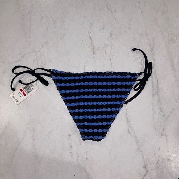 Splendid Avalon Eyelet Crochet String Bikini Bottoms Blue Black Side Tie NEW NWT - Picture 6 of 7